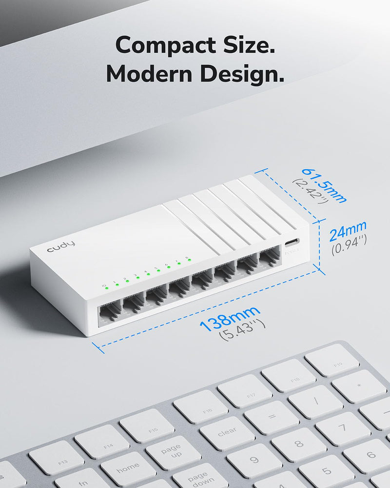 Cudy 8 Port Gigabit Unmanaged Ethernet Switch, USB-C Powered, GS108U | 8x GbE RJ45, Type-C powered via laptop/TV/power bank, 16 Gbps capacity, 170m Cat5e reach, white design, silent