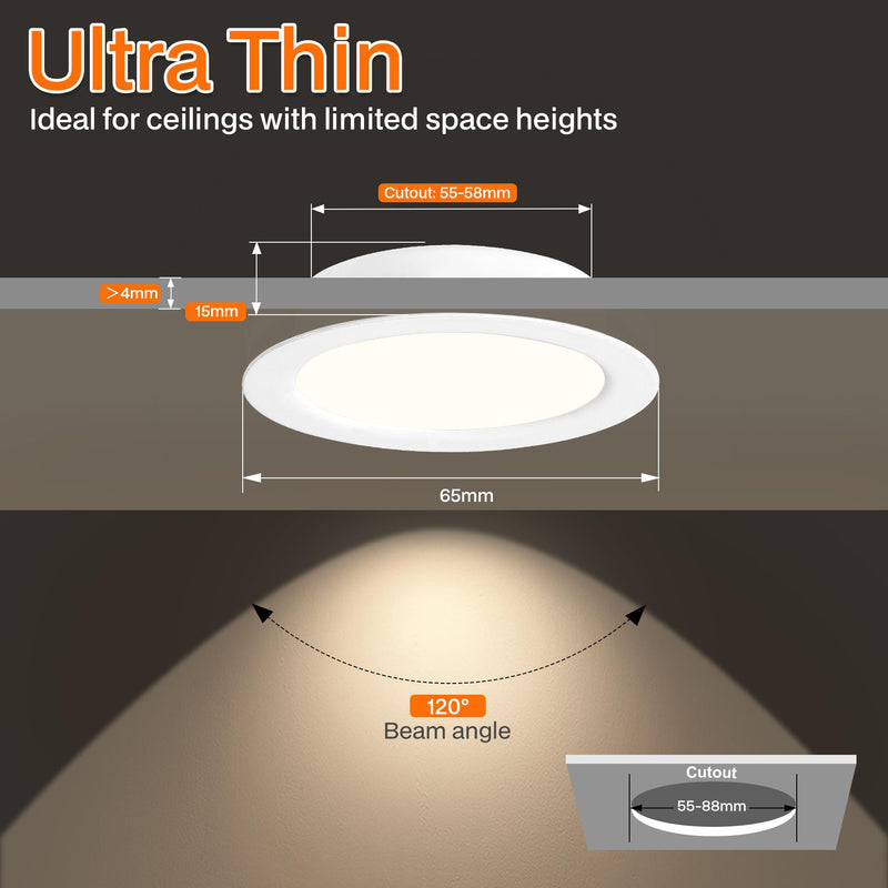URing Set of 3 LED Recessed Spotlights, 12 V, Dimmable, 3 W Ceiling Spotlights, 55-58 mm Spotlights, 12 V, 3000 K, Warm White, 4000 K, Neutral White, 6000 K, Cool White, Recessed Spotlights, LED 15 mm