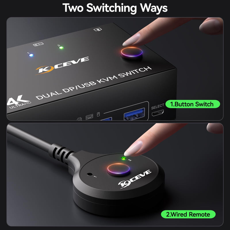 8K Displayport KVM Switch 2 Monitors 2 Computers 8K@30Hz 4K@144Hz,MLEEDA Dual Monitor KVM Switches with 4 USB 3.0 Ports for Keyboard Mouse USB Peripherals,Wired Remote and 2 USB Cables Included black 11 cm DP 2 PC 2 Monitor