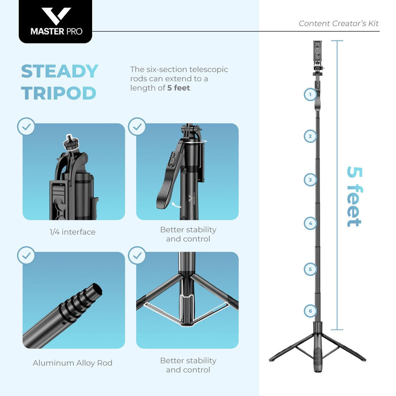 Vlogging Kit for iPhones, Tripod for Phones, Selfie Stick, YouTube TikTok Video Vlogging Stabilizer, Signal-to-Noise Rate ≥64dB, 65-100mm Phone Size, High Capacity Battery with Bluetooth Mic