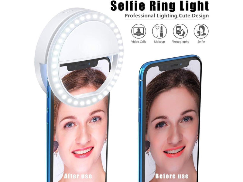 Selfie Ring Light for iPhone, Android, Tablet - Rechargeable Ring Light | Laptop Camera Photography and Videography | 3 Adjustable Light Levels | Beauty and Influencer Clip-on Selfie Ring Light