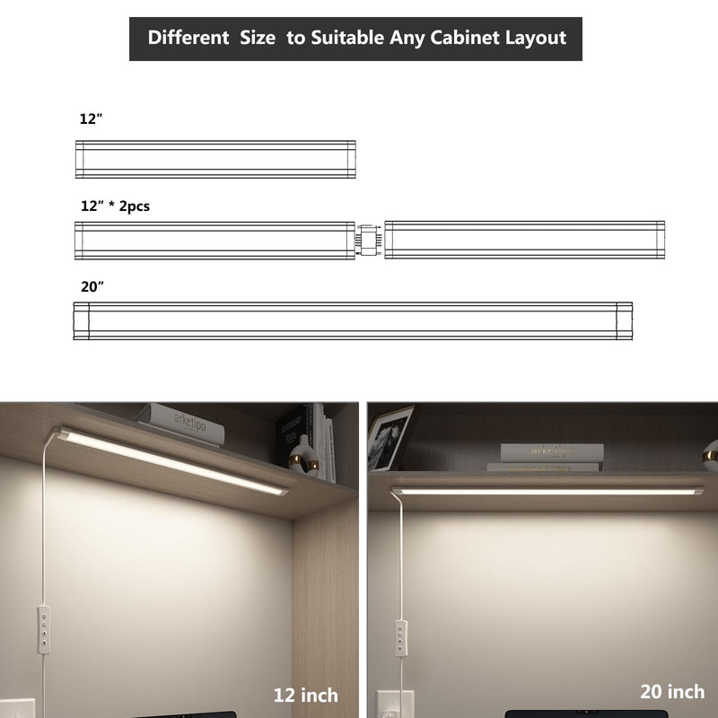 LED Under Cabinet Lighting USB Plug in Cabinet Lights,3 Levels CCT(3000K/4000K/6000K),Ultra-Thin 12Inch - 2X Dimmable Indoor Light Bar Linkable for Under Counter,Desk,Shelf,Closet,Workbench,8W,720LM 12''-2x-LED Bars
