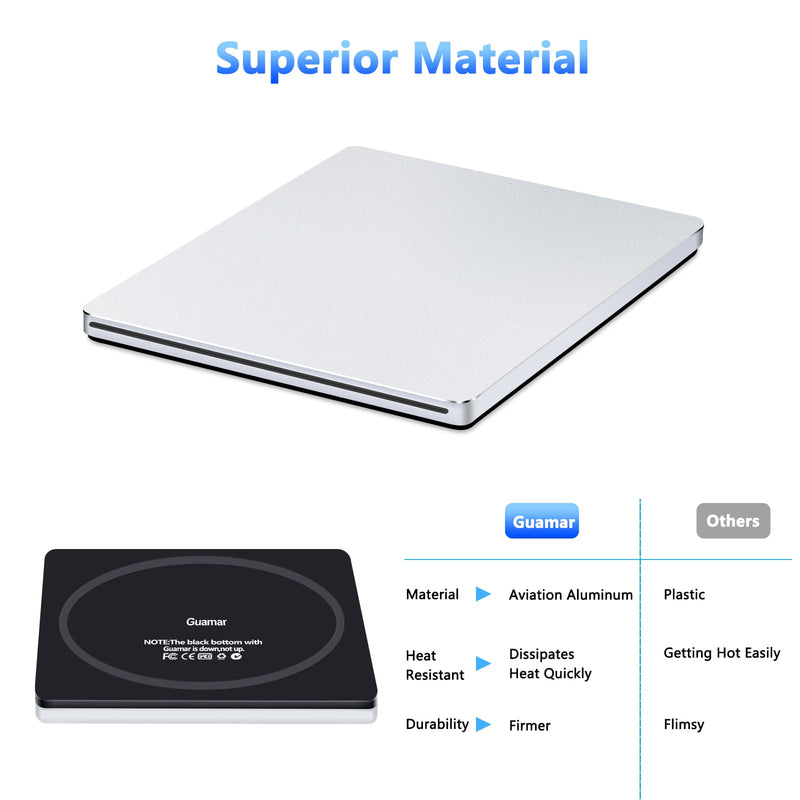 Guamar USB Superdrive for Apple Mac: Slim CD Burner Reader Aluminum Silver | Slot-in Portable DVD Player for MacBook Air/Pro/Neo,External CD/DVD Drive for Laptop PC Windows,USB C Adapter,Plug & Play Matte Silver
