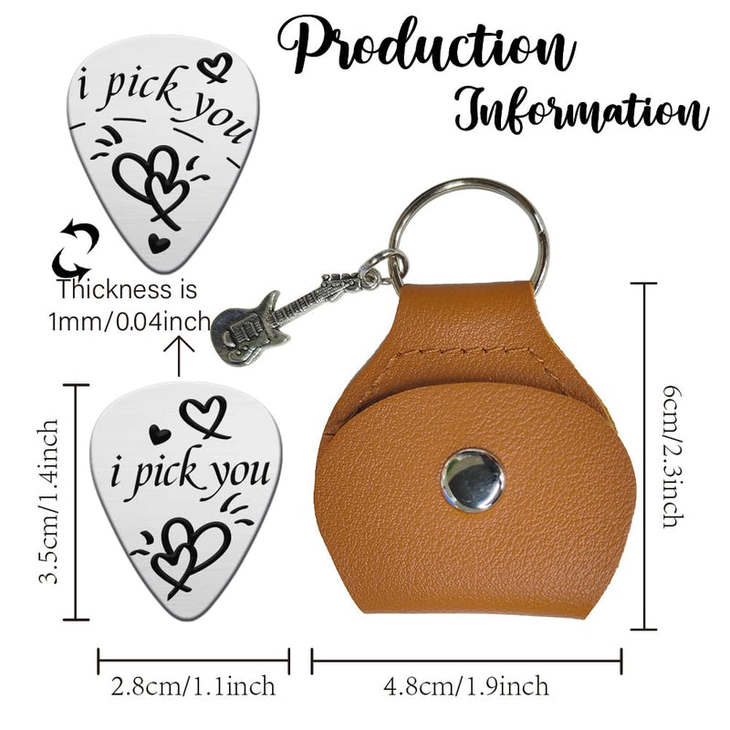 UNICRAFTALE I Pick You Double Side Guitar Picks Plectrum Guitar Set with Heart 1PC Stainless Steel Guitar Pick Keychain with Brown Leather Case Guitar Picks Gifts for Guitar Musician Boyfriend