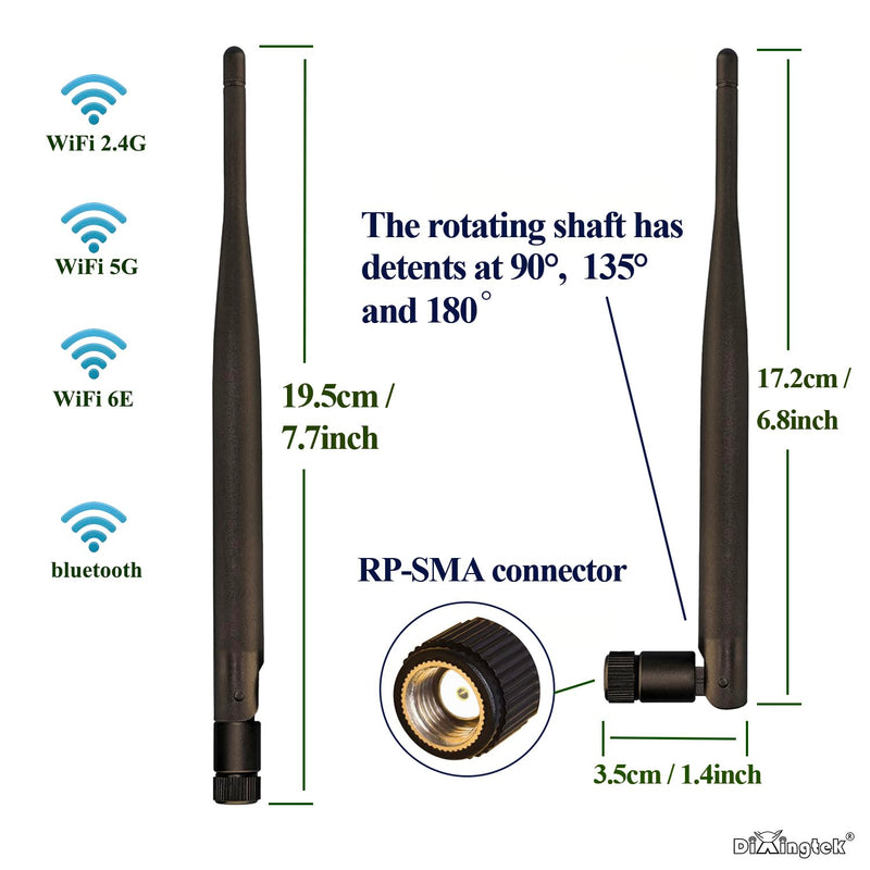 WiFi 6E Tri-Band 2.4GHz 5GHz 6GHz Bluetooth RP SMA Antenna, Compatible with WiFi Router PC Desktop Camera PCI-E Network Card USB Adapter IP Camera Video 2-Pack 19.5cm Peak WiFi Antennas 2-pack 19.5cm RP SMA WiFi Peak Antenna