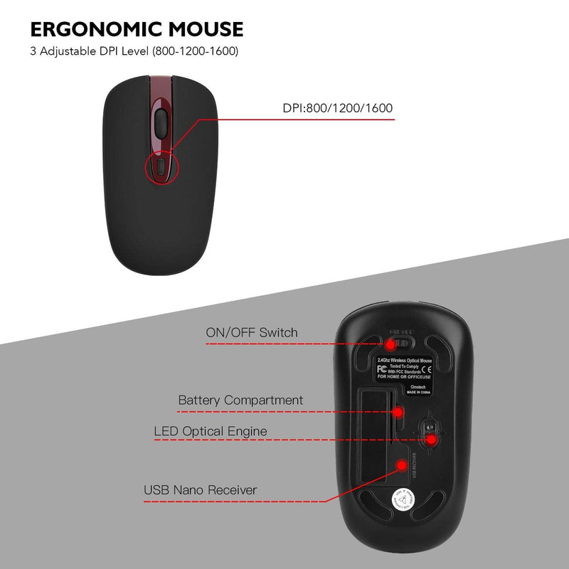 Wireless Keyboard Mouse Combo, cimetech Compact Full Size Wireless Keyboard and Mouse Set 2.4G Ultra-Thin Sleek Design for Windows, Computer, Desktop, PC, Notebook - (Wine red) Wine Red