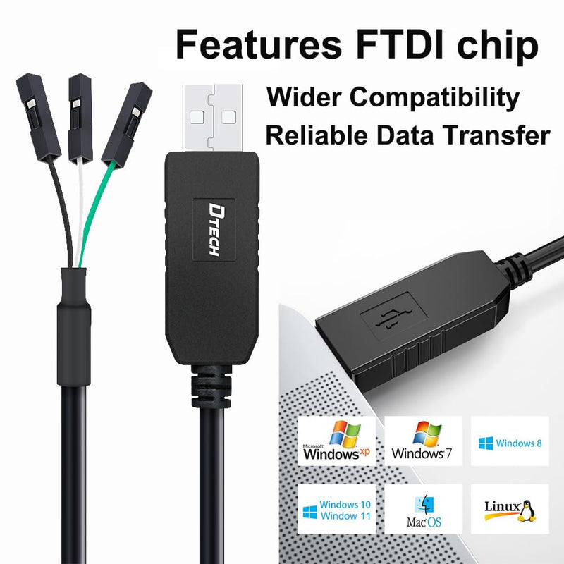 DTECH 3ft USB to TTL Serial Cable 3.3V 3 Pin TX RX Signal UART Adapter Debug Cord Compatible with Windows 11 10 8 7 Linux MAC OS Genuine FT232RL Chip 3Pin 3v3 2.54mm Dupont Female Header (Pack of 2) 6ft/1.8m (Pack of 2)
