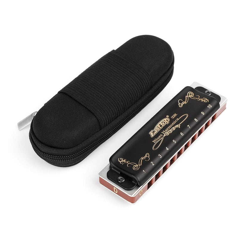 [AUSTRALIA] - Easttop Professional Harmonica Blues Key of D 10 Hole 20 Tone Heavy Duty with Case & Cleaning Cloth for Professional Player,Beginner,by Eison-East Top,Black,Great Christmas Gift 