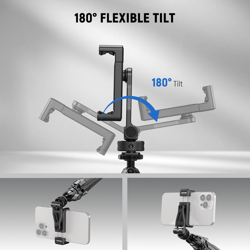 [AUSTRALIA] - Neewer Metal Phone Tripod Mount with Cold Shoes, 1/4" Thread, 180° Tilt, 360° Rotation, Adjustable Phone Clamp Metal Phone Holder Compatible with iPhone 16 15 Pro Max S24 Ultra Camera Cage, GA010 