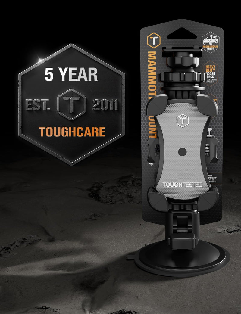 ToughTested Mammoth Truck Car Phone Holder Mount Vibration Absorbing Holder | 360° rotating phone holder for car with extra-large suction cup, expandable claw grip, and one-hand quick release Mobile Mount