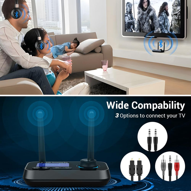 Bluetooth Transmitter Receiver 3-in-1 Bluetooth 5.3 Audio Adapter for 2 Headphones with Dual Antenna Bypass Volume Control LCD Display 3.5mm Aux/Optical/RCA for Home Stereo TV Speaker PC