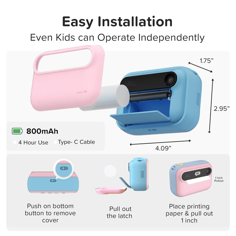myFirst Kids Instant Print Camera, 16MP Camera, 9 Rolls Paper, Travel Case | 7S inkless thermal printing, insta 20 bundle, selfie lens, toy camera, school travel play, birthday gift for girls ages 4-12 Cotton Candy Camera + 9 Rolls Paper + Carrying Case