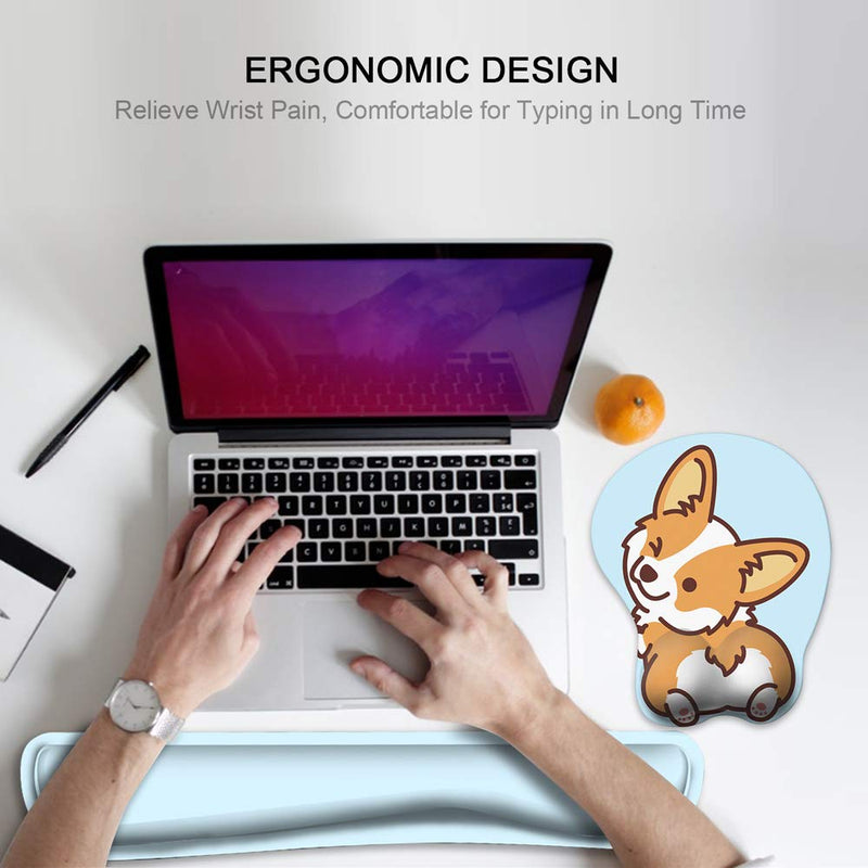 HAOCOO Keyboard Pad Wrist Rest and Gel Mouse Pad with Wrist Support,Ergonomic Corgi Mouse Pads with Non-Slip Backing Memory Foam Filled, Easy Typing &Pain Relief for Home Office Computer Laptop(Blue) Blue