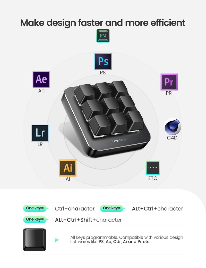 VAYDEER One-Handed Mechanical Keyboard Support NKRO, Hotkeys, One-Click Start,9 Fully Programmable Keys with Floating Window and Macro Multifunctional Keypad Compatible with iOS,Windows