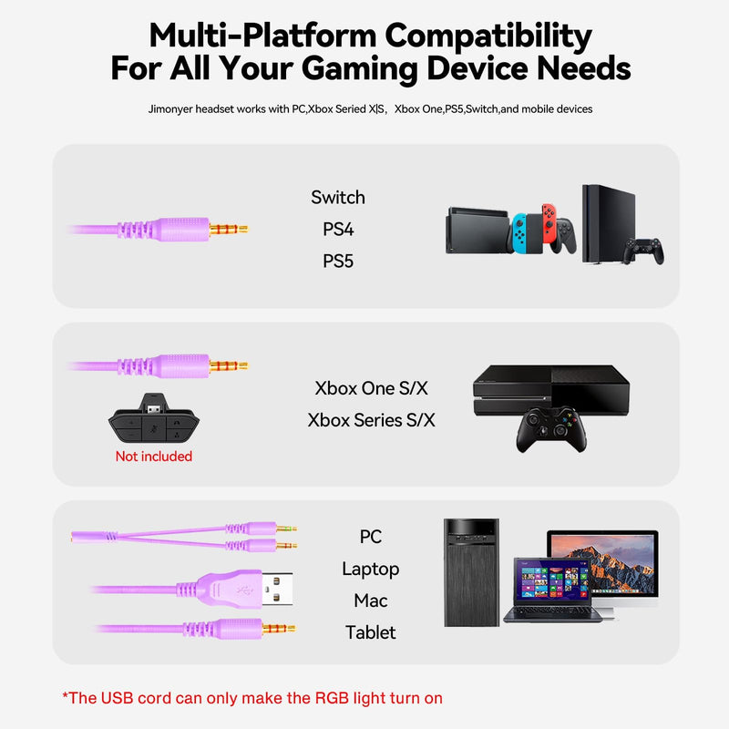 [AUSTRALIA] - Jimonyer Gaming Headset for PC/PS4/PS5/Xbox One/Switch, Stereo Surround Sound Gaming Headphones with Noise Canceling Flexible Mic, Computer Headset with 3.5mm Jack & RGB Light (WhitePurple) WhitePurple 