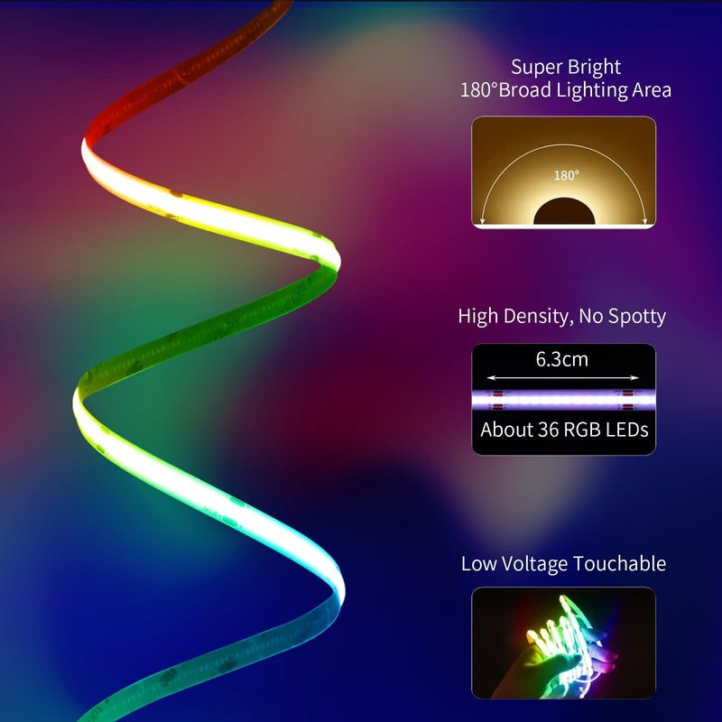 20FT LED Strip Lights COB Smart IC, 24V RGB LED Lights for Bedroom with RF Remote Smart App Button Controller Music Sync Color Changing Strip Lights for Game Room Kitchen Cabinet Lighting 20FT