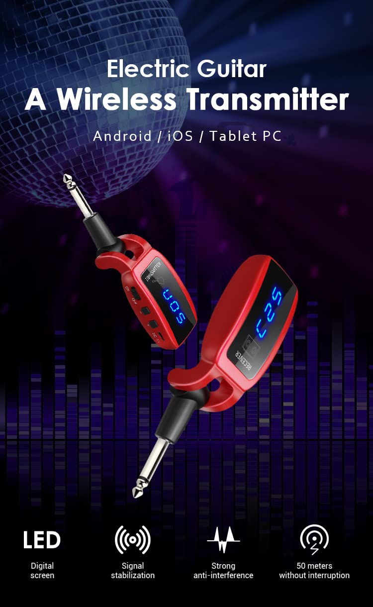 Arklove 1/4 inch Ts Jack 6.35mm mic Microphone Wireless Guitar System Rechargeable Guitar Transmitter Receiver Set Bass Pick Up Accessaries amp (Red) Red