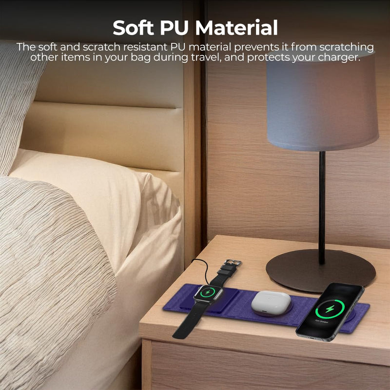 ZTAR 3-in-1 Wireless Travel Charger for iPhone 16/15/14/13/12, Samsung Galaxy with Wireless Capabilities, Earbuds & Apple Watch, Portable Foldable MagSafe Charging Pad for Multiple Devices PURPLE