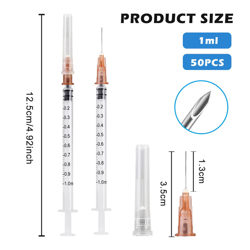 Pack of 50 1 ml Syringes, Plastic Syringes with Caps, Independent Seal Packaging, Minimum Scale 0.01 ml, for Feeding Animals, Liquid Measurement for Laboratory, Industrial Precision Application White