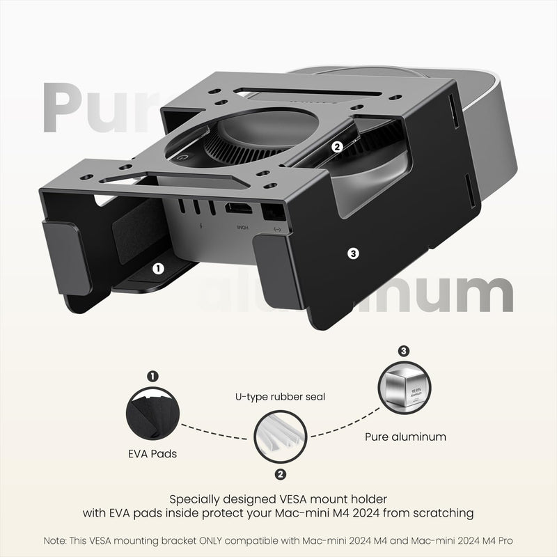 Fasgear Mac mini M4 Mount 2024, Black | Pure Aluminum, Under Desk Mount, VESA Monitors Mounting Bracket with Anti-theft, Metal Wall Mount for Mac Mini M4 Pro black aluminum