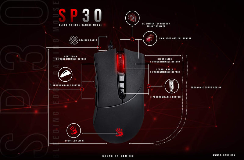 Bloody SP30 Ergonomic Optical Switch Gaming Mouse - Fastest Mouse Switch in Gaming - Enthusiast Grade 3360 Sensor - 8 Programmable Buttons - Non-Slip Rubberized Black - 12,000 DPI