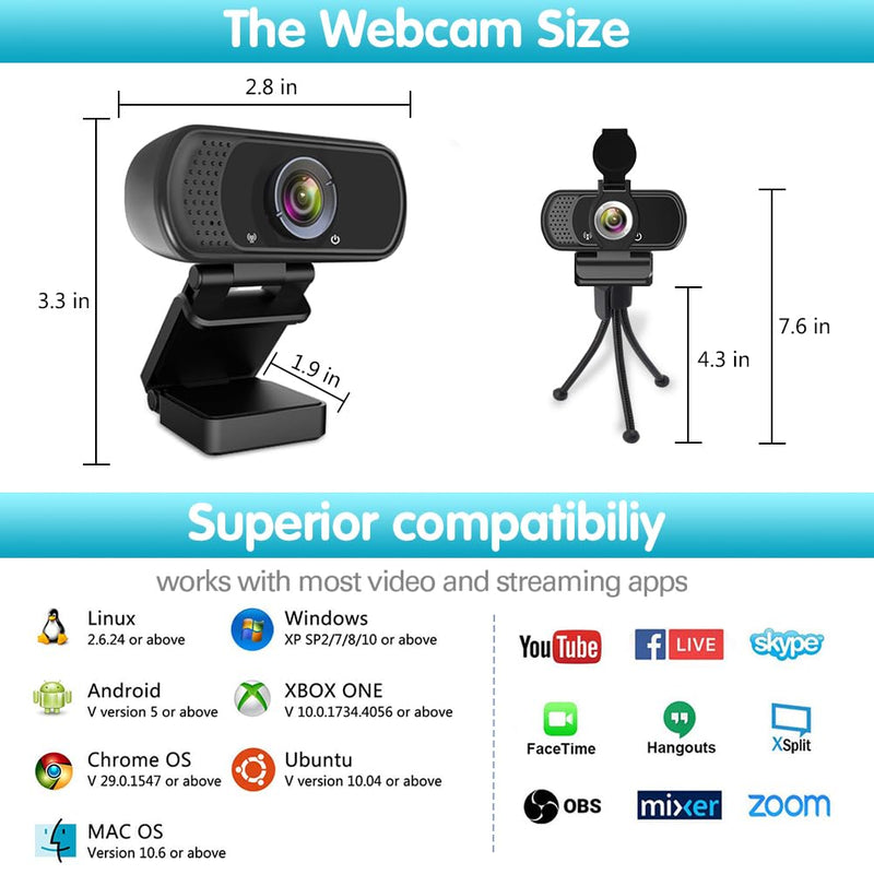 Webcam HD 1080p ,Live Streaming Web Camera with Stereo Microphone, PC Desktop or Laptop USB Webcam with 110 Degree View Angle, HD Webcam for Video Calling, Recording, Conferencing, Streaming, Gaming Black