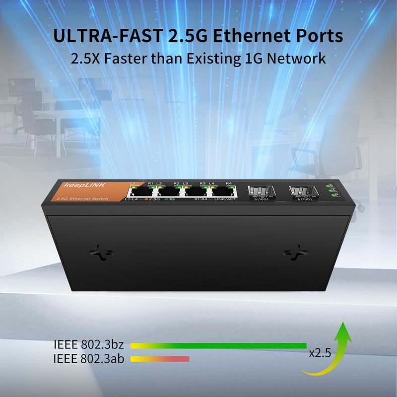 6-Port 2.5G Switch Unmanaged, 4 x 2.5GBASE-T Ports & 2 x 10GBASE-T SFP Slots, 60Gbps Switching Capacity, Plug & Play/Wall Mountable/Fanless Metal, Compatible with 1000Mbps Devices 6 Port 2.5G Unmanaged