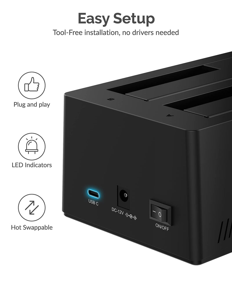 SABRENT USB-C Dual Bay Hard Drive Docking Station & Cloner (EC-CH2B) | 2.5"/3.5" SATA; offline cloning; up to 5Gbps; tool-free installation; hard drive dock; hdd dock; external hard drive dock 2-Bay SATA Dock – USB-C 5Gbps