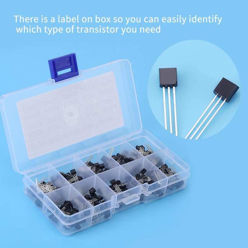 200 Pieces TO-92 Silicon NPN PNP Power Transistor Assortment Kit Set with Plastic Storage Box 10 Values (BC327 BC337 BC517 BC547 BC548 BC549 BC550 BC556 BC557 BC558)