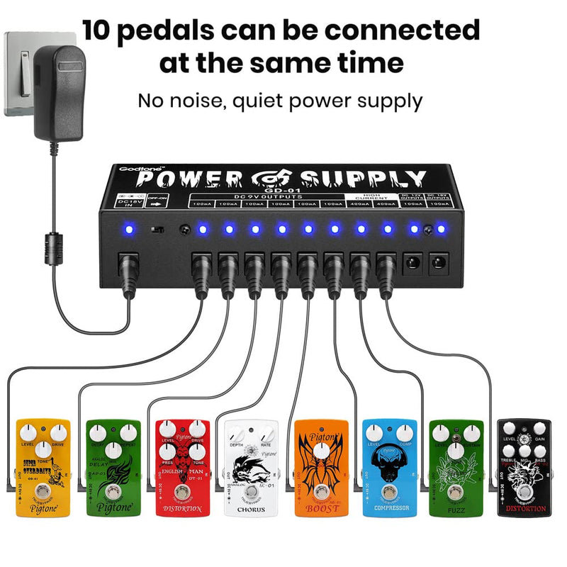 Guitar Effect Pedal 10 DC Output for 9V 12V 18V Pedals Power Supply with Short Circuit Overcurrent Protection Separate GD-01