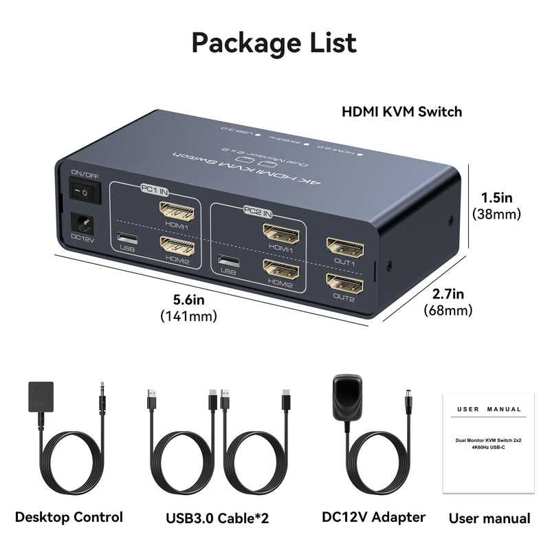 KVM Switch 2 Monitors 2 Computers 4K60Hz EDID Dual Monitor KVM Sharing 4 USB Devices with Desktop Controller