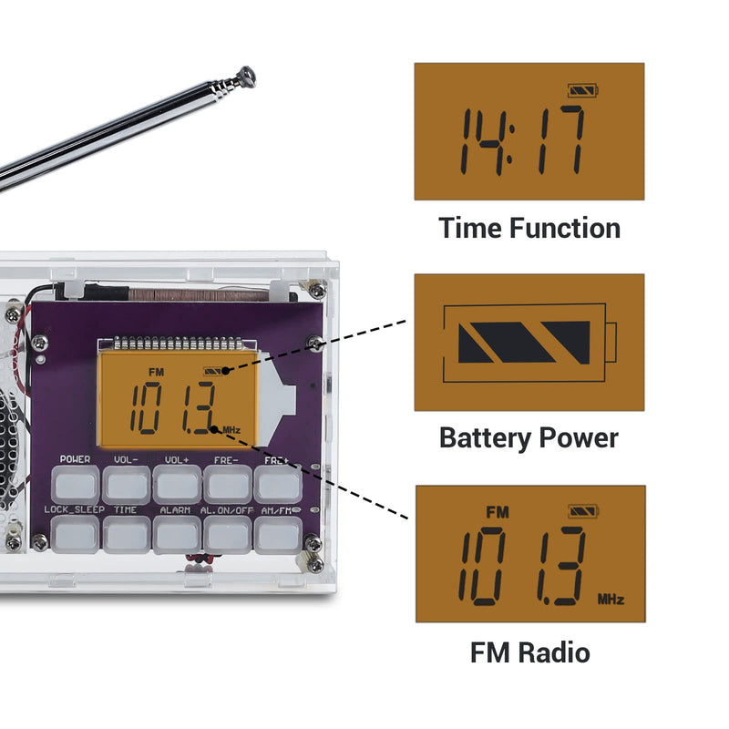 ICSTATION DIY Radio Kit, FM Radio Assemble Kit with Time Display Rechargeable FM Radio Kit FM 87-108MHZ No Soldering Required Assembly Projects for Adults School Student STEM Learning Teaching