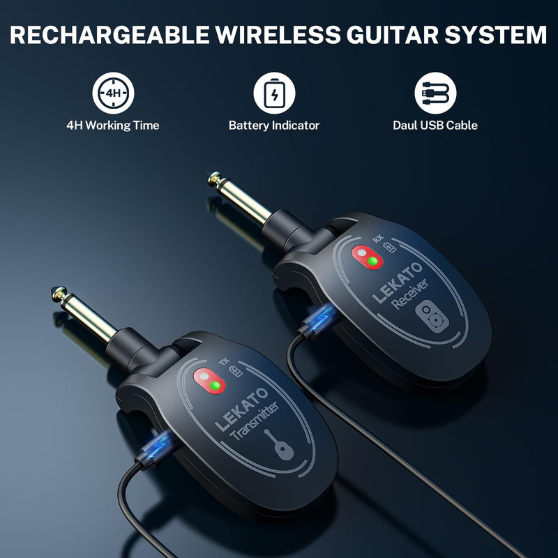 LEKATO UHF Wireless Guitar System Rechargeable, Wireless Transmitter Receiver 4 Channels 165ft tansmisiion Low Latency Guitar Wireless System,Black