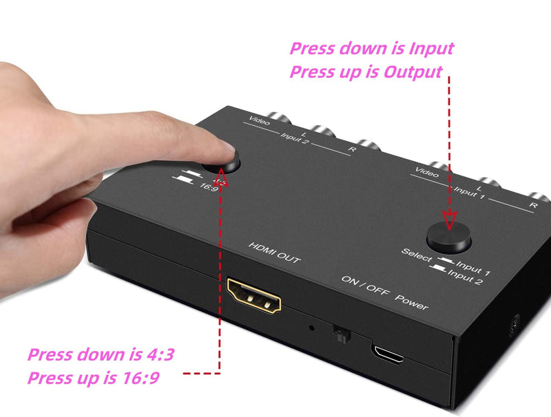 [AUSTRALIA] - 2 AV to HDMI, 1080P/720P 2 Way RCA Composite CVBS AV Switch to HDMI Video Audio Converter Adapter Support 4:3/16:9 Switching, for Sega Xbox PS2 PS3 N64 NGC SNES WII VHS VCR Camera DVD 