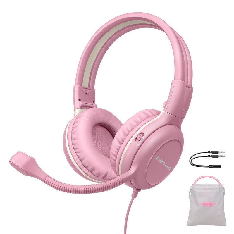 SIMOLIO Kids Headphones with Microphone for School, 75/85/94 dB Wired Headphones with Built-in MIC or Boom Mic for PC, Laptop, Gaming, Over Ear Pink Stereo Corded Headset for Girls, Children, Students