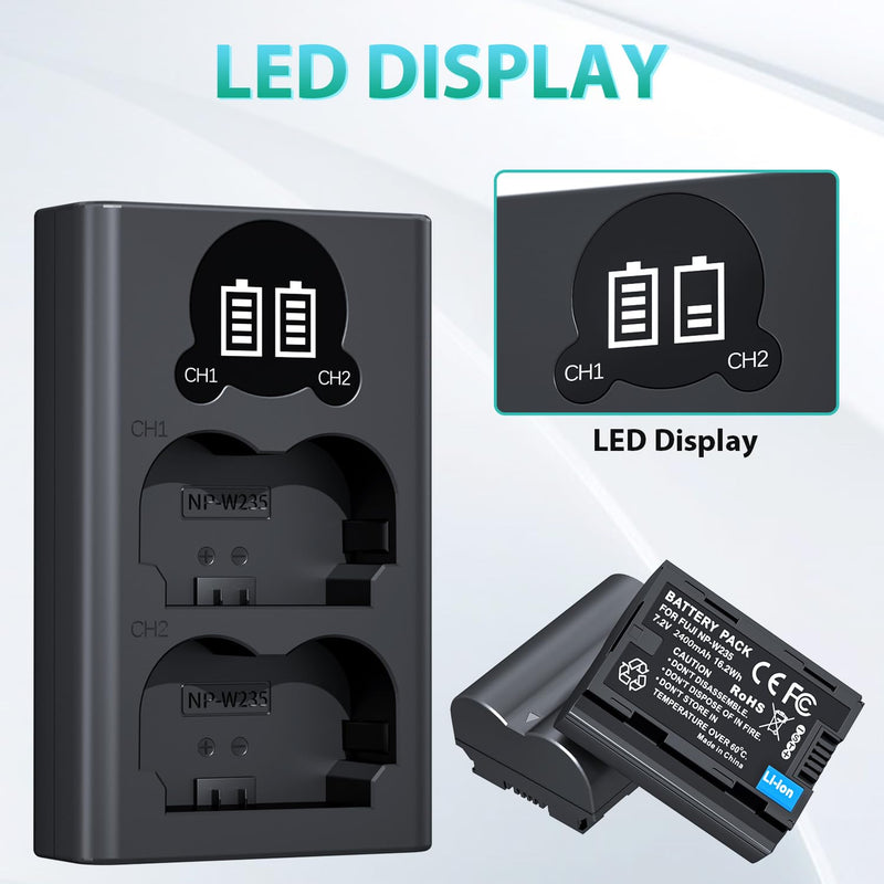 [AUSTRALIA] - LP NP-W235 Battery Charger Pack, LED Dual Slot USB Charger, 2-Pack 2400mAh Replacement Batteries for Fujifilm X-T5, X-S20, X-H2, X-H2S, GFX 100S, GFX 50S II, X-T4, VG-XT4 Battery Grip 