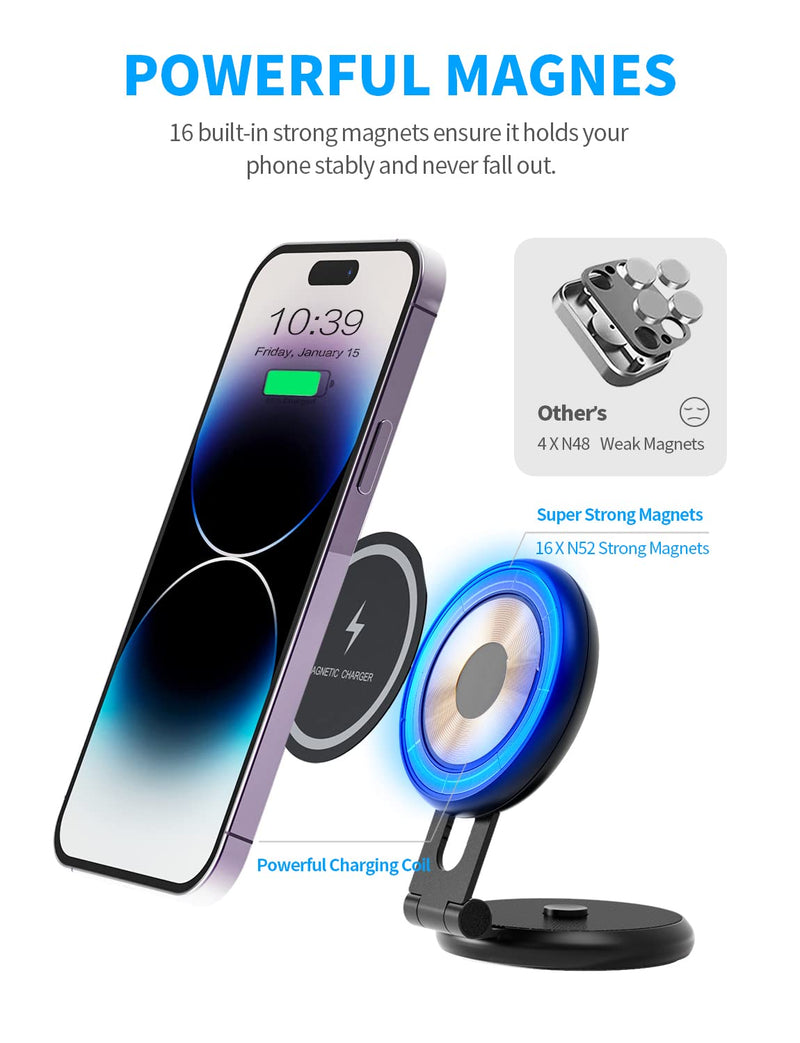 Fast Charging Wireless Car Charger Mount, Magnetic Foldable Car Phone Holder for Tesla Model 3/Y Designed for MagSafe Compatible with iPhone 12/13/14 Series Wireless Charge Version