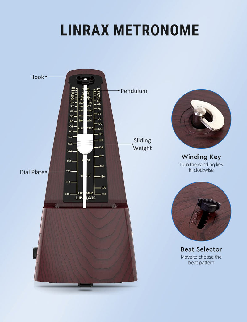 M2 Mechanical Metronome for Piano Guitar Bass Ukulele Drum Violin Cello Saxophone Trumpet and Other Musical Instruments, Track Tempo and Beat, Loud Sound, High Precision, Wood Grain M2