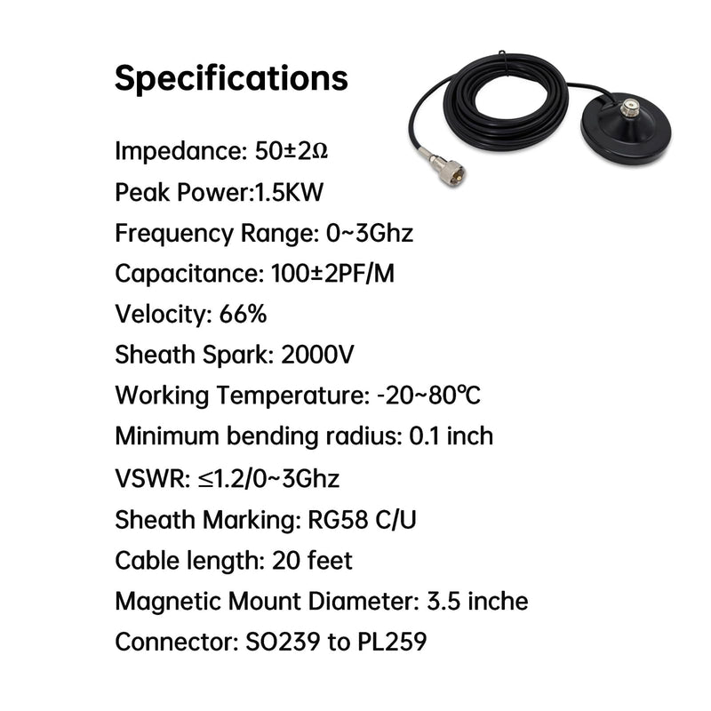 [AUSTRALIA] - Magnetic Antenna Mount with 20ft RG58 Coaxial Cable,Durable CB Antenna Magnetic Mount for Mobile Radio 