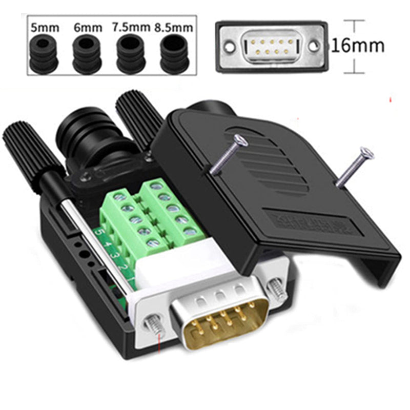 2Pcs DB9 Male Breakout Connector, DB9 Solderless Connector RS232 D-SUB Serial Adapters 9 Pin Port Terminal Breakout Board with Case Long Bolts Tail Pipe