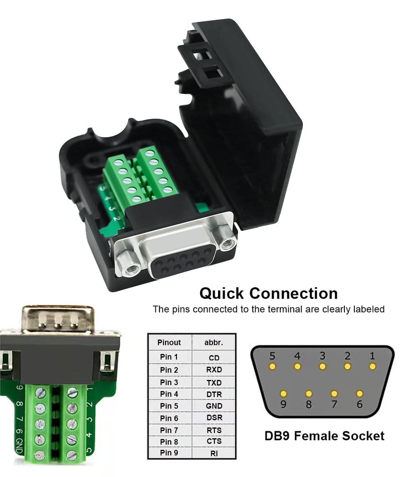 DTECH DB9 Breakout Connector DB-9 Female RS232 Serial Adapter Solderless Module Board with Terminal Block, Case, Nuts and Tail Pipes (DB9 Female + Nuts) DB9 female + nuts