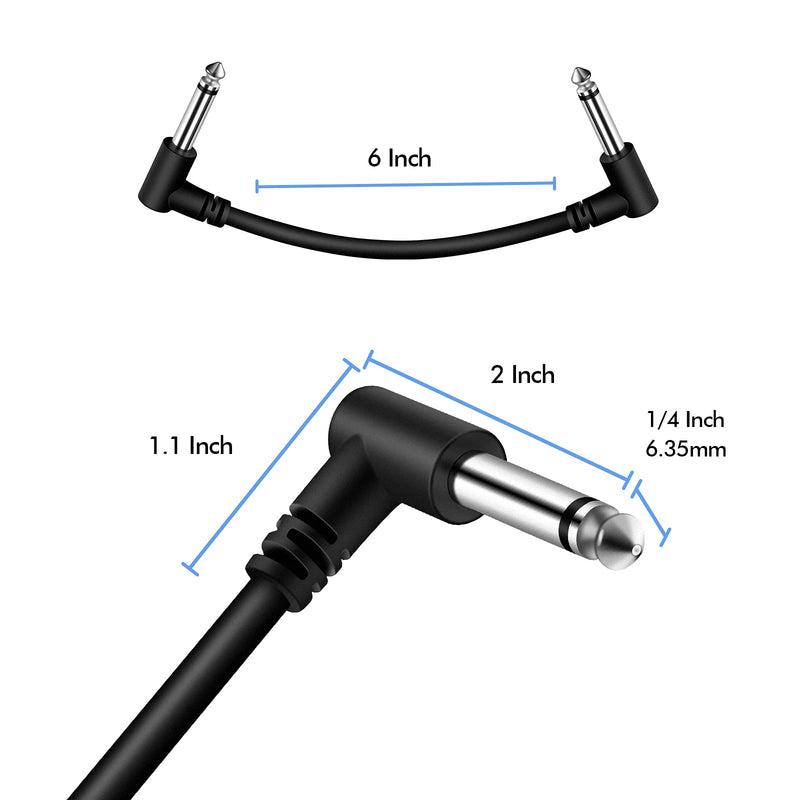 6 Pack 6 Inch Guitar Patch Cables, Black Guitar Pedal Cable Effect Cable Cord, 1/4" inch TS Right Angle Guitar Patch Cable