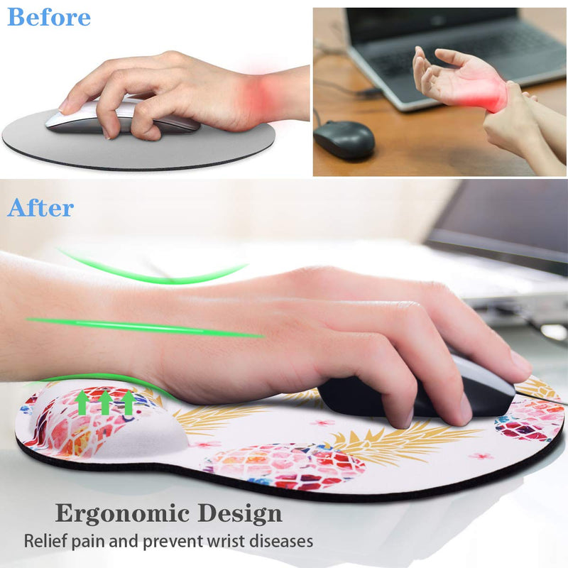 Ergonomic Mouse Pad with Wrist Support, WAVEYU Cute Design Mouse Pad for Women Non-Slip Rubber Base Mousepad for Desk Laptop Gaming Working Computers Laptop Easy Typing & Pain Relief, Pink Pineapple