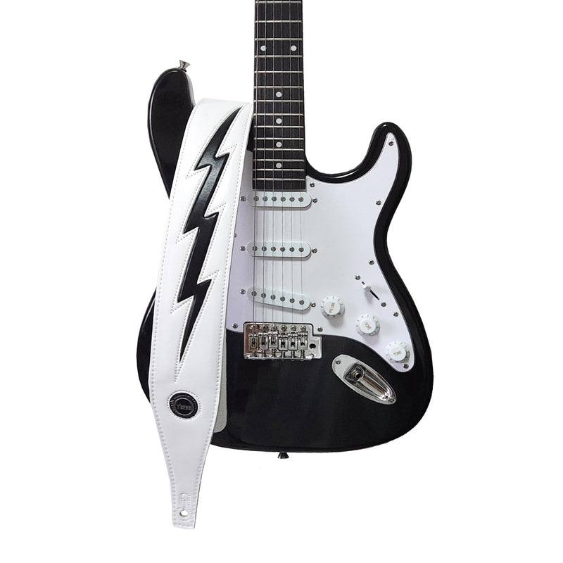 [AUSTRALIA] - Guitar Strap PU Leather, Anti-Slip, Classic, Adjustable Soft Leather Strap for Acoustic, Electric and Bass Guitars (White - Black lightning) 