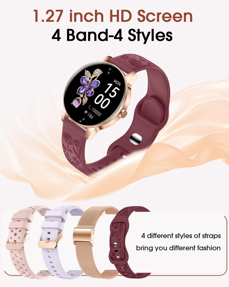 Smart Watch for Women(Answer/Make Call), 1.27'' Fitness Activity Tracker Watch with 130+ Sports Modes, Heart Rate Sleep Monitor, Pedometer, 41mm Smartwatch for Android iPhone Compatible (ROUND) Burgundy