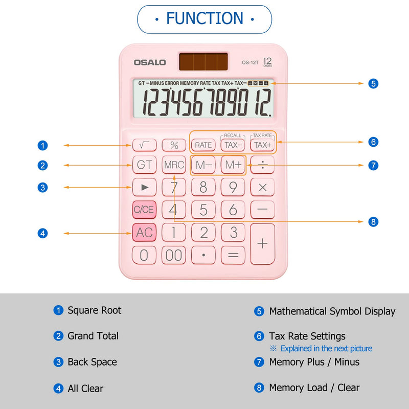 Pocket Small Size Desk Calculator, 12 Digit Large LCD Display, Basic Tax Function Handheld Desktop Calculator with Solar Battery Dual Power, Perfect for Office, School, Business OS-12T (Pink) 12T-Pink
