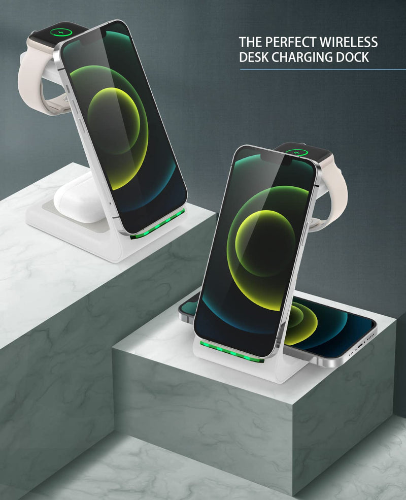 Wireless Charging Station, 3 in 1 Fast Desk Charging Station, Wireless Charger Stand for iPhone 15/14/13/12/11 Pro Max/X/Xs Max/8/8 Plus, AirPods 3/2/pro, iWatch Series 9/8/7/6/5/SE/4/3/2 White