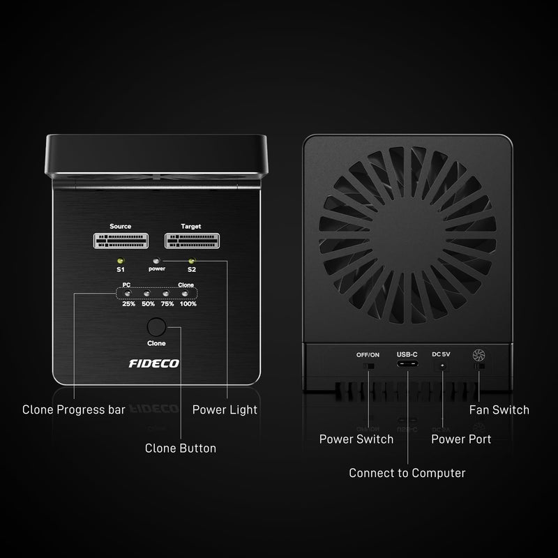 FIDECO M.2 NVMe SATA SSD Cloner Dock, USB 3.2 Gen 2 X 2, 20Gbps NVMe Cloner Duplicator with Foldable Cooling Fan, Support Offline Clone, UASP and Trim, Aluminum Design