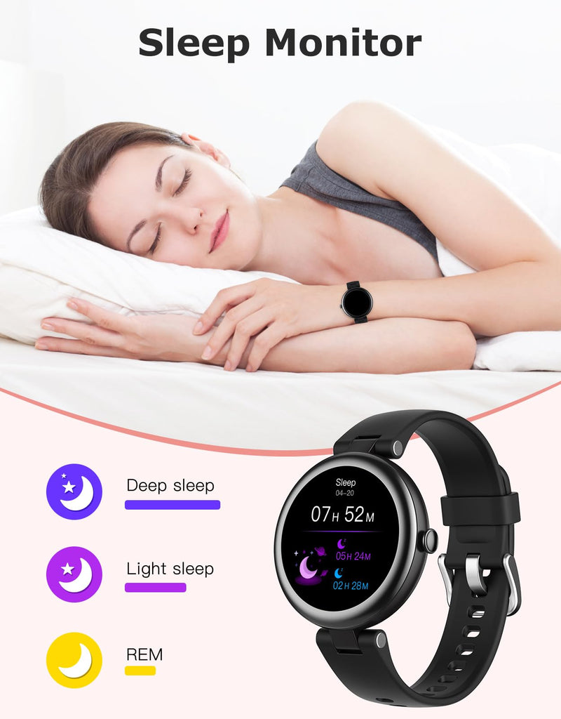 Smart Watches for Women, Round Bluetooth Call Smartwatch for iPhone Android Phones, Waterproof Fitness Tracker Watch with Heart Rate Monitor Sleep Tracker 100+Sports, Stylish Gifts for Women Black