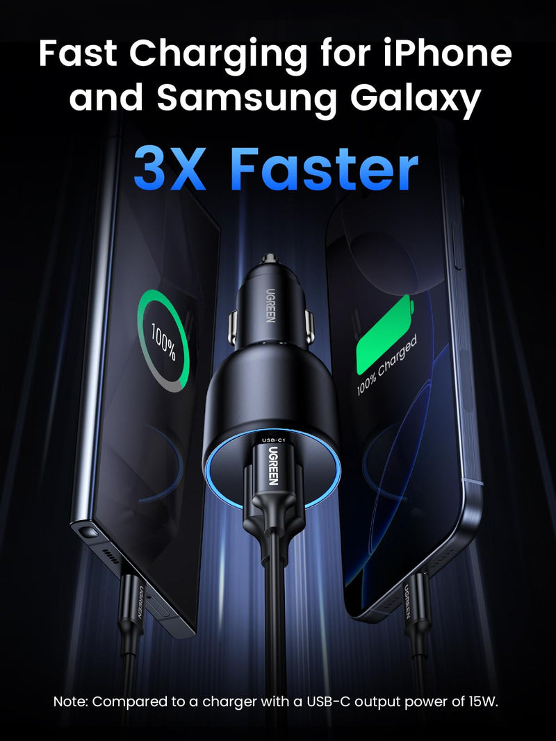 UGREEN 130W USB C Car Charger with Cable, Type C Cigarette Lighter Adapter | 2 USB-C 1 USB-A, Compatible with iPhone 17 Air 17 Pro 17 Pro Max 16 15 14 13 12, Galaxy S25 S24 S23 Ultra, iPad, MacBook Normal
